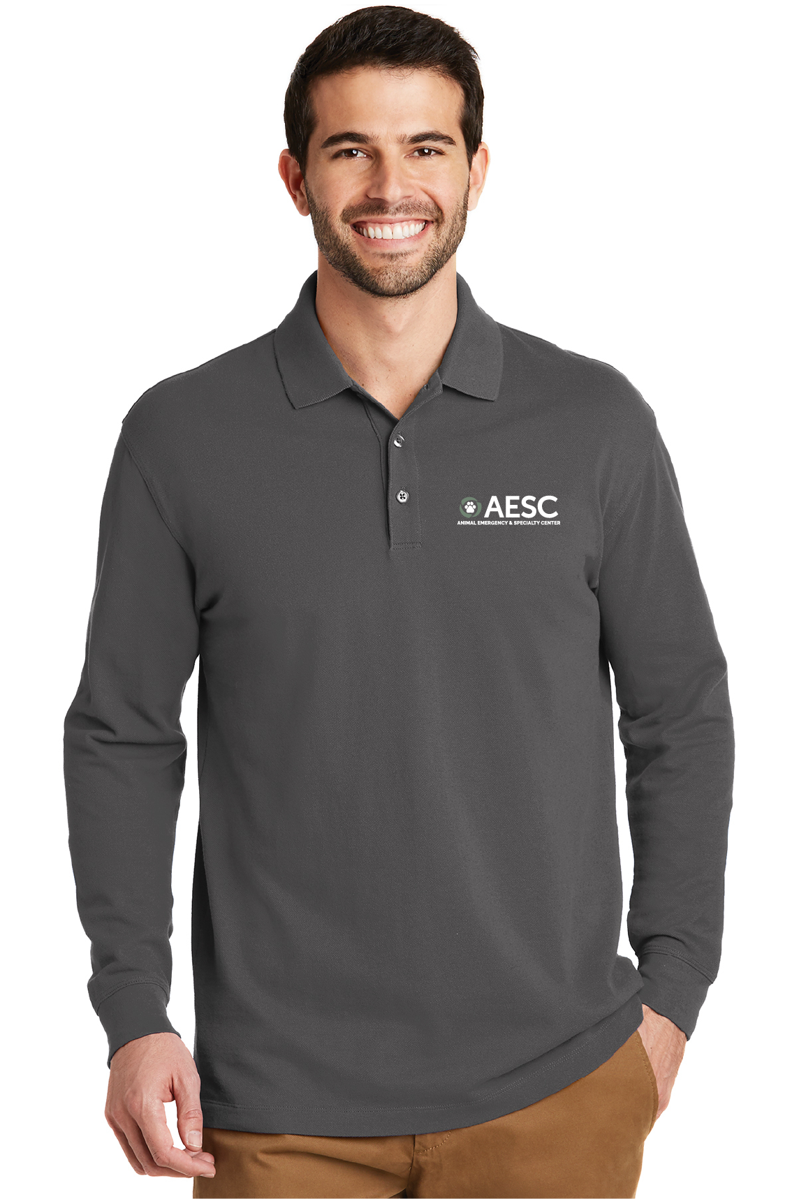 AESC Men’s Port Authority EZCotton Long Sleeve Polo Sterling Grey